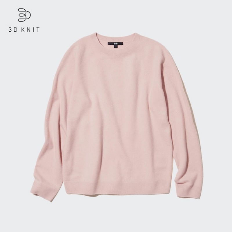 Uniqlo 3D Knit Cashmere Crew Neck Long-Sleeve Ženske Džemperi Roze | 2430-BMSDN