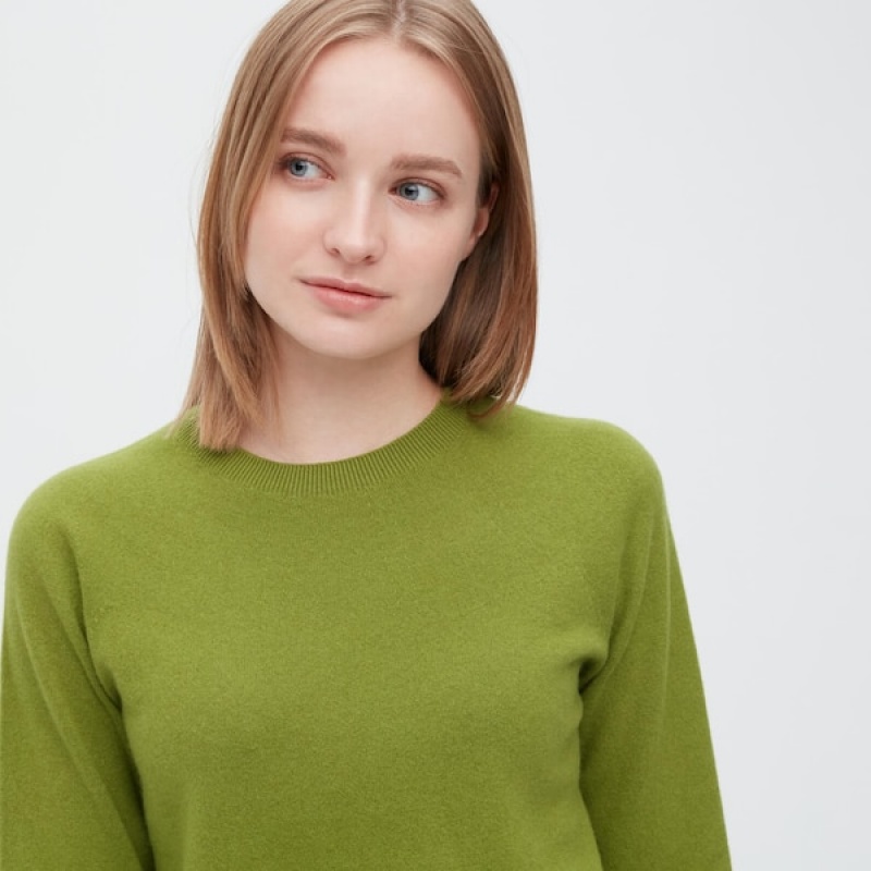 Uniqlo 3D Knit Cashmere Crew Neck Long-Sleeve Ženske Džemperi Zelene | 0876-VDINZ