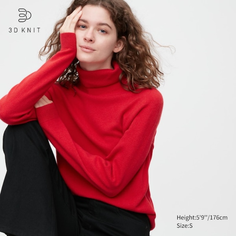 Uniqlo 3D Knit Cashmere Turtleneck Long-Sleeve Ženske Džemperi Crvene | 1630-RNMHK
