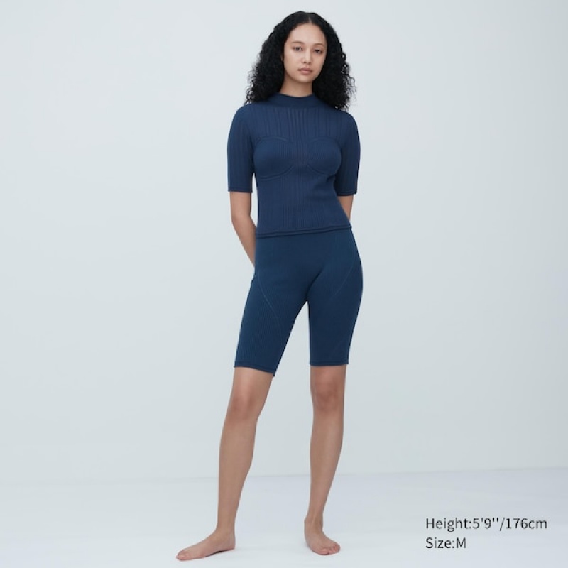 Uniqlo 3D Knit Mesh Half-Sleeve Ženske Džemperi Plave | 3124-FXHSE