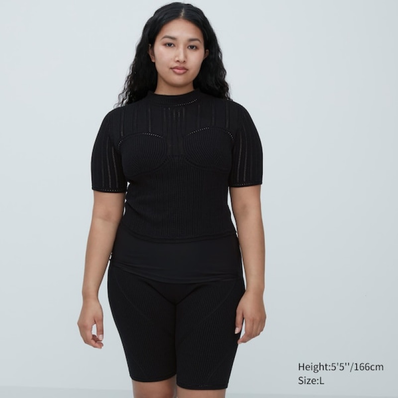Uniqlo 3D Knit Mesh Half-Sleeve Ženske Džemperi Crne | 2856-ULHTK
