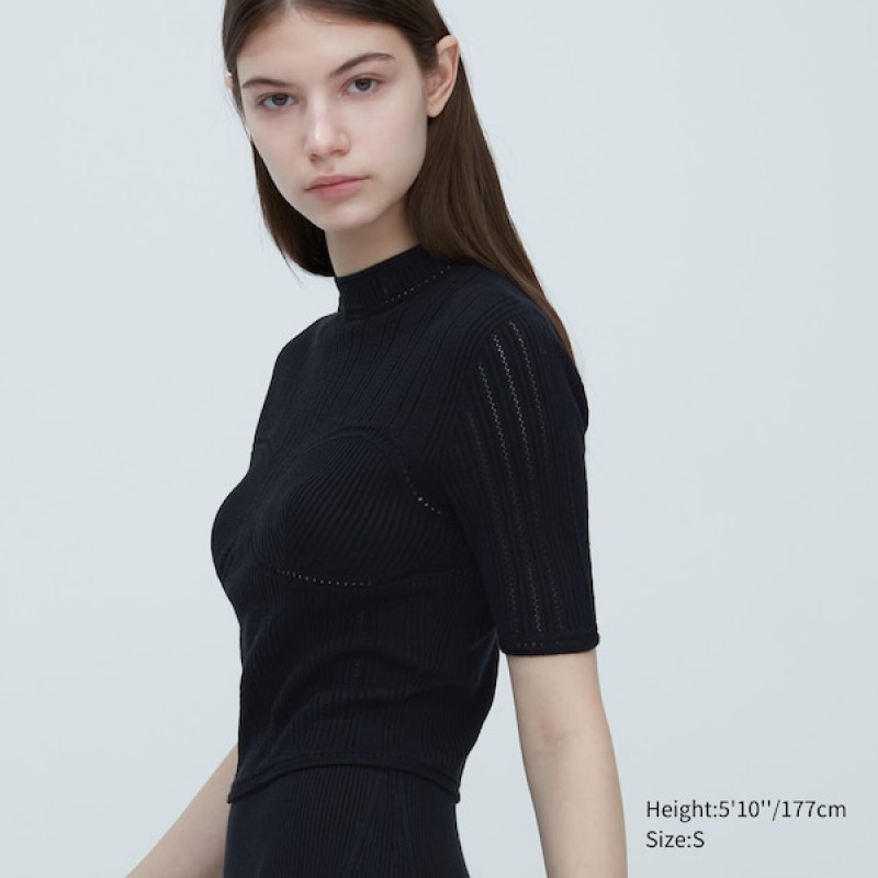 Uniqlo 3D Knit Mesh Half-Sleeve Ženske Džemperi Crne | 2856-ULHTK