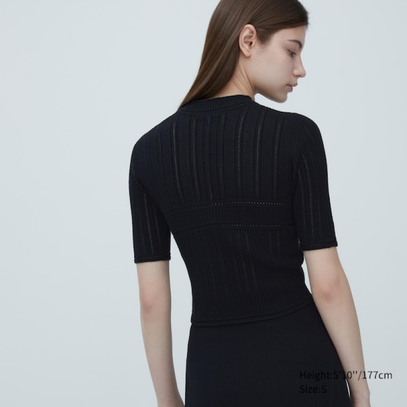Uniqlo 3D Knit Mesh Half-Sleeve Ženske Džemperi Crne | 2856-ULHTK