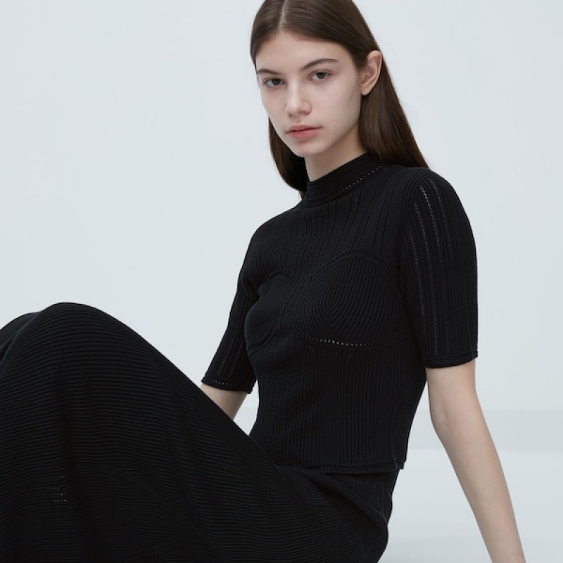 Uniqlo 3D Knit Mesh Half-Sleeve Ženske Džemperi Crne | 2856-ULHTK