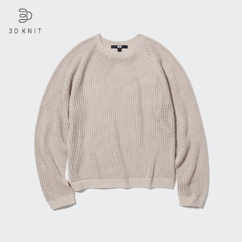 Uniqlo 3D Knit Mesh Long-Sleeve Crew Neck Ženske Džemperi Bež | 9725-CKPGV