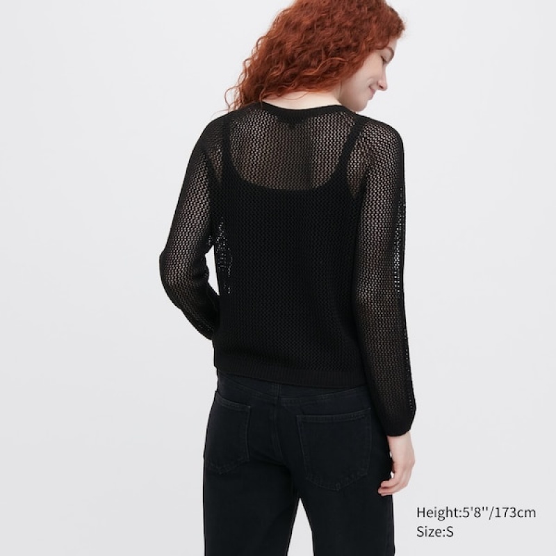 Uniqlo 3D Knit Mesh Long-Sleeve Crew Neck Ženske Džemperi Crne | 6185-TIPKN