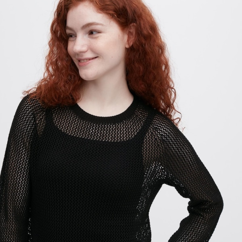 Uniqlo 3D Knit Mesh Long-Sleeve Crew Neck Ženske Džemperi Crne | 6185-TIPKN
