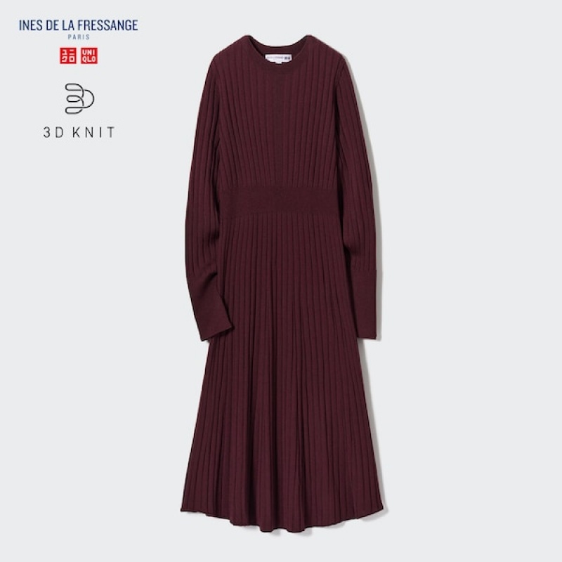 Uniqlo 3D Knit Rebrasti Crew Neck Long-Sleeve Ženske Haljina Bordo | 6389-MUXGH