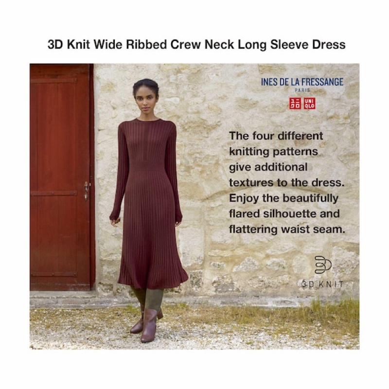 Uniqlo 3D Knit Rebrasti Crew Neck Long-Sleeve Ženske Haljina Bordo | 6389-MUXGH