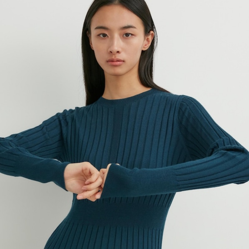 Uniqlo 3D Knit Rebrasti Crew Neck Long-Sleeve Ženske Haljina Tamno Plave | 2198-IEXKF
