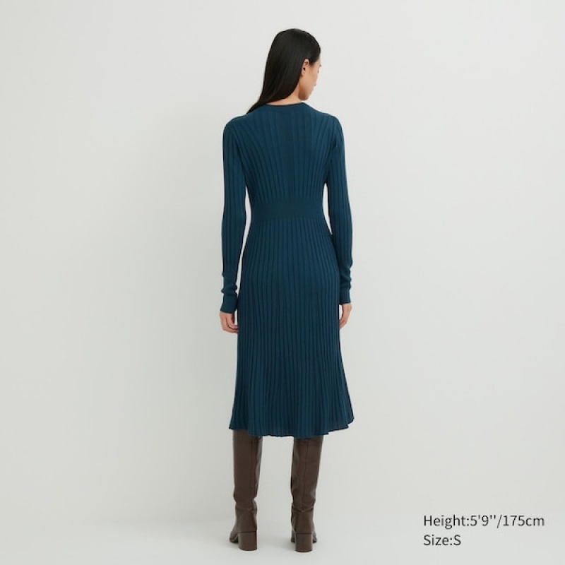 Uniqlo 3D Knit Rebrasti Crew Neck Long-Sleeve Ženske Haljina Tamno Plave | 2198-IEXKF
