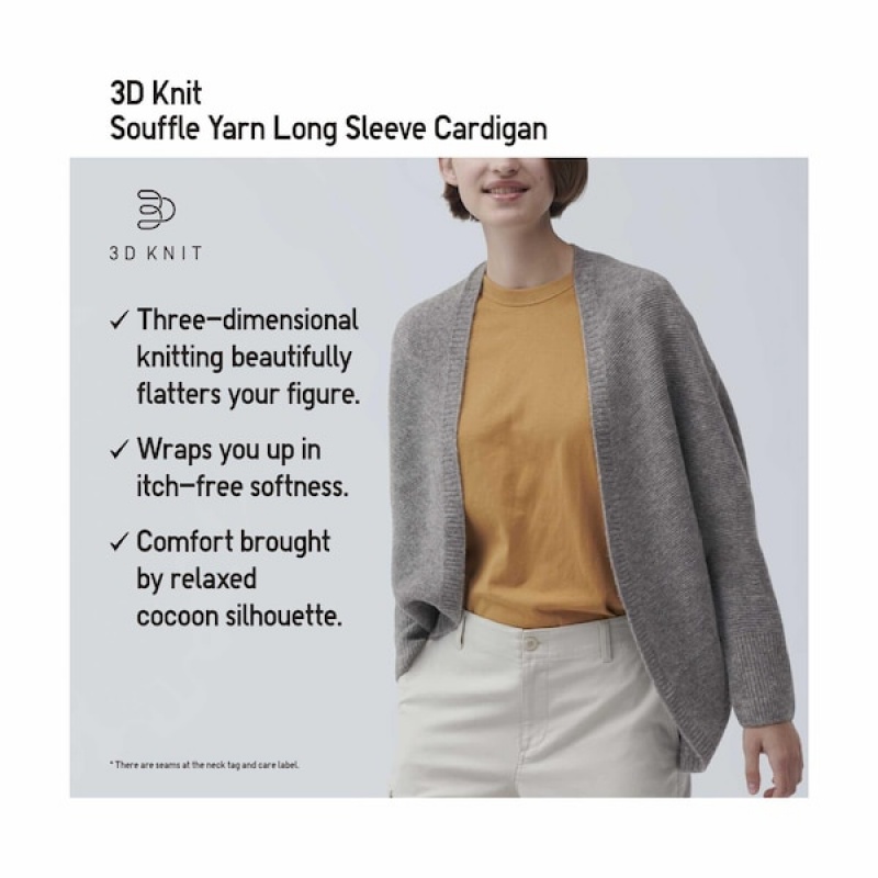 Uniqlo 3D Knit Souffle Yarn Long-Sleeve Ženske Kardigan Sive | 7049-JFXDV