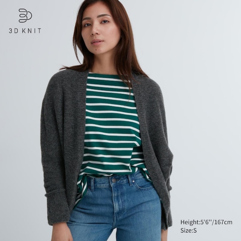 Uniqlo 3D Knit Souffle Yarn Long-Sleeve Ženske Kardigan Tamno Sive | 7862-QNLVH