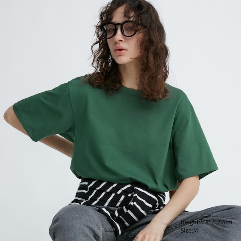 Uniqlo AIRism Cotton Crew Neck Ženske Majice Zelene | 7856-IPULH