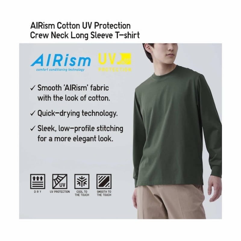 Uniqlo AIRism Cotton UV Protection Crew Neck Long-Sleeve Muške Majice Zelene | 9750-HOBFV