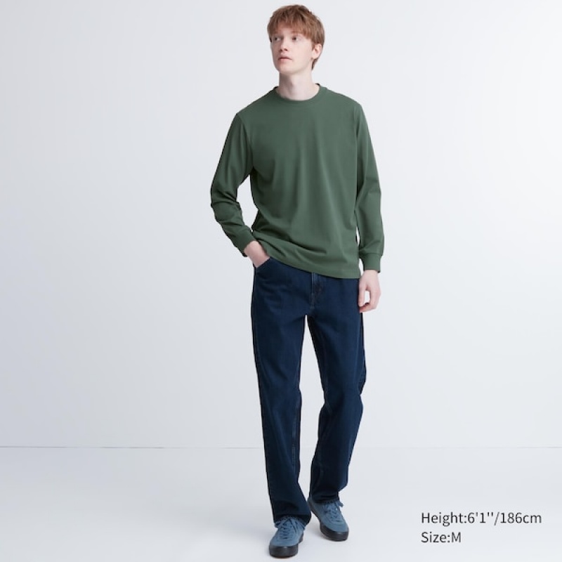 Uniqlo AIRism Cotton UV Protection Crew Neck Long-Sleeve Muške Majice Zelene | 9750-HOBFV