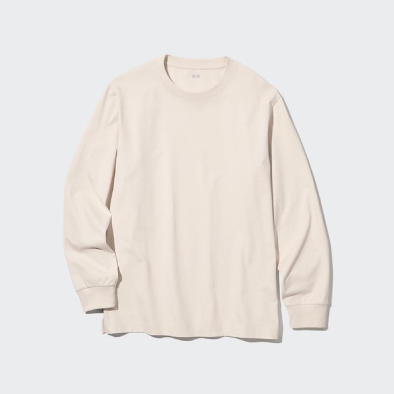 Uniqlo AIRism Cotton UV Protection Crew Neck Long-Sleeve Muške Majice Bijele | 0576-ICQSU