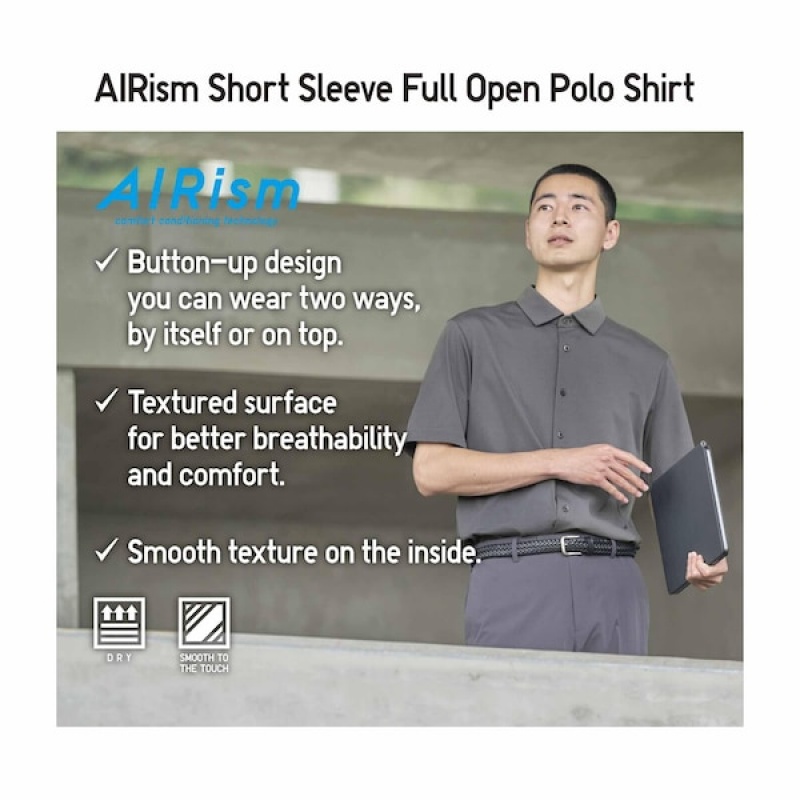 Uniqlo AIRism Full Open Short-Sleeve Muške Polo Majica Sive | 4659-RSEHL