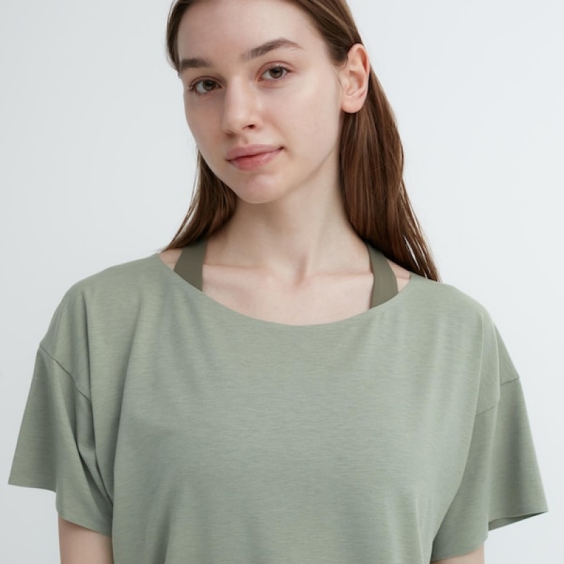 Uniqlo AIRism Seamless Boat Neck Short-Sleeve Long Ženske Majice Zelene | 6215-QWKXL