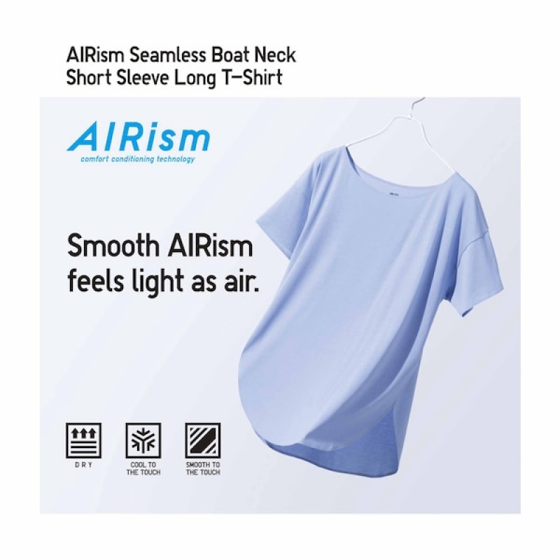 Uniqlo AIRism Seamless Boat Neck Short-Sleeve Long Ženske Majice Plave | 9860-XGBMJ