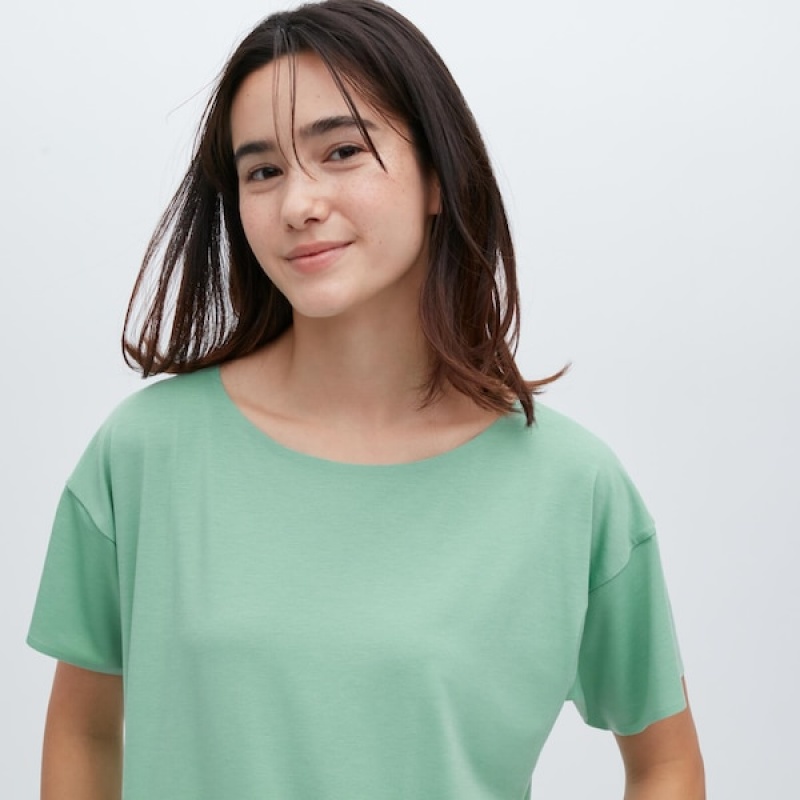Uniqlo AIRism Seamless Boat Neck Short-Sleeve Long Ženske Majice Zelene | 6874-DCFTA
