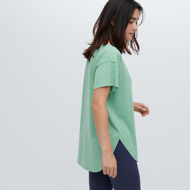 Uniqlo AIRism Seamless Boat Neck Short-Sleeve Long Ženske Majice Zelene | 6874-DCFTA