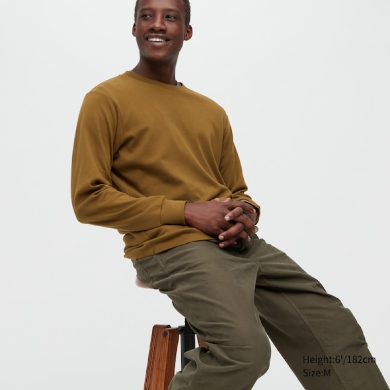 Uniqlo Brushed Cotton Crew Neck Long-Sleeve Muške Majice Tamno Žute | 9460-WLZCQ
