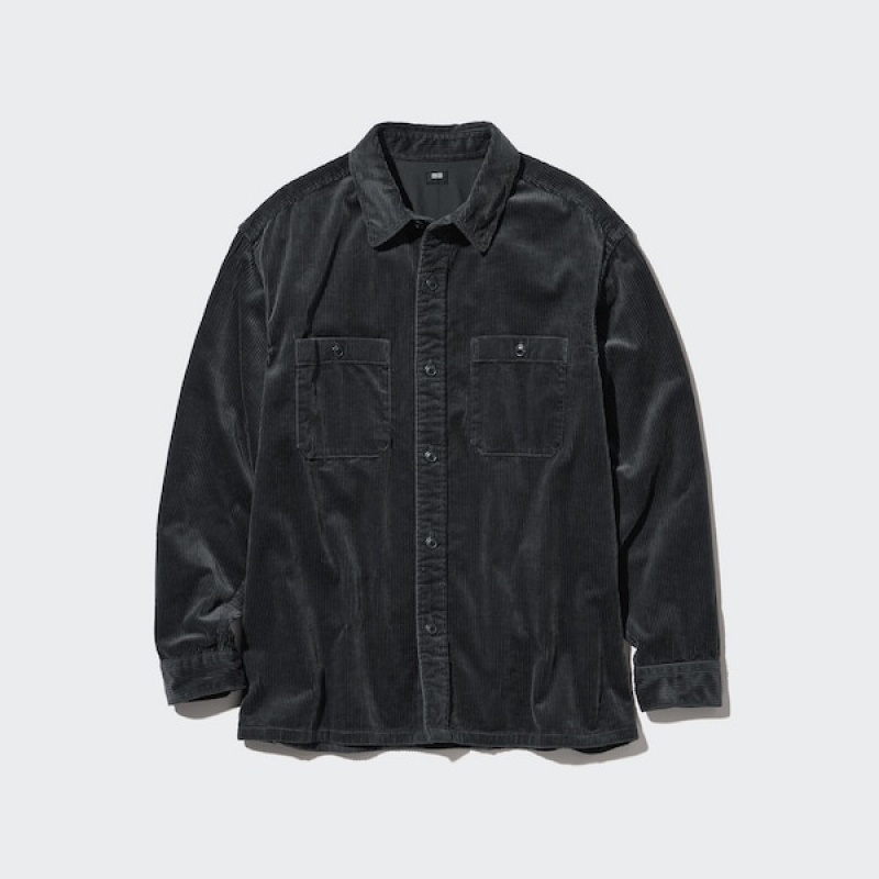 Uniqlo Corduroy Work Long-Sleeve Muške Košulje Crne | 4261-FXBOL