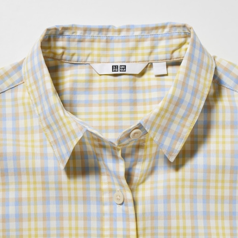 Uniqlo Cotton Checked Short-Sleeve Ženske Košulje Žute | 9851-ZPAXN