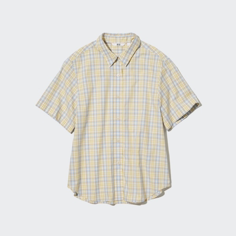 Uniqlo Cotton Checked Short-Sleeve Ženske Košulje Žute | 9851-ZPAXN