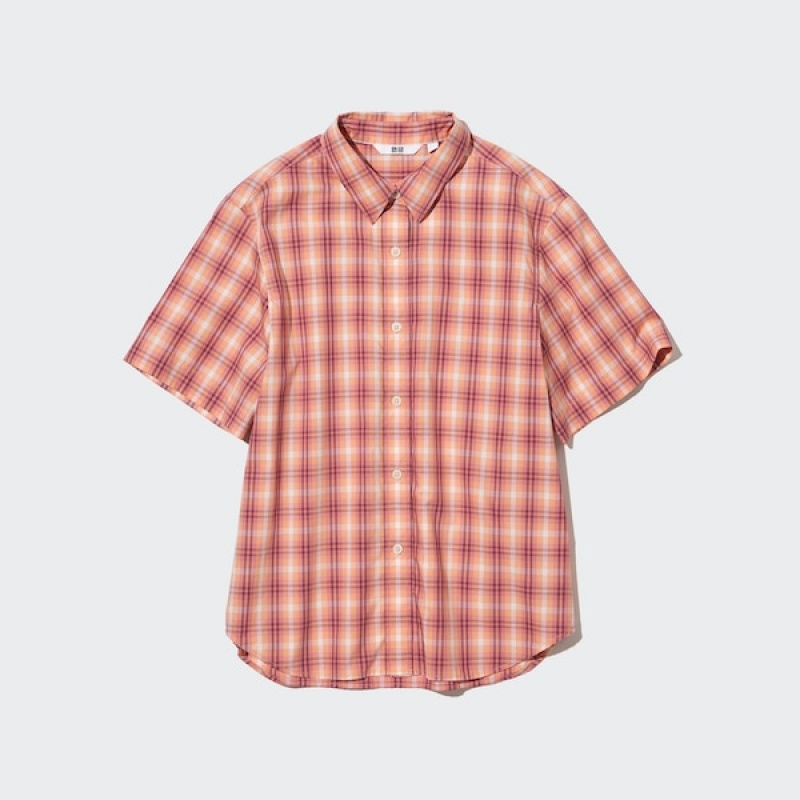 Uniqlo Cotton Checked Short-Sleeve Ženske Košulje Roze | 5184-PLCQA