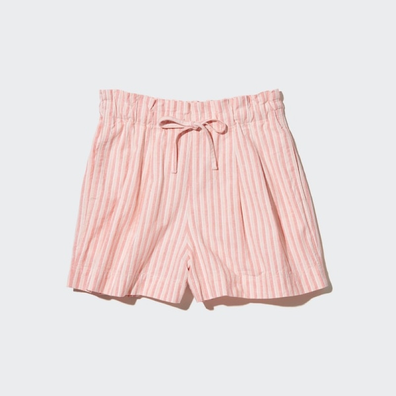 Uniqlo Cotton Linen Prugasta Ženske Kratke Hlače Roze | 3247-SAQJN
