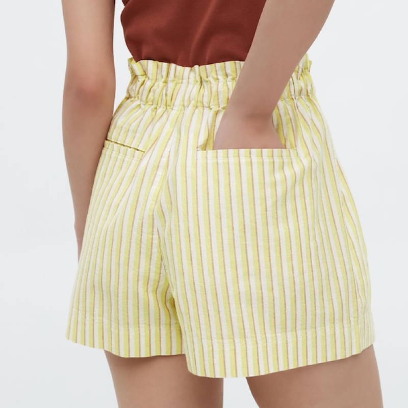 Uniqlo Cotton Linen Prugasta Ženske Kratke Hlače Žute | 8395-YFPUJ