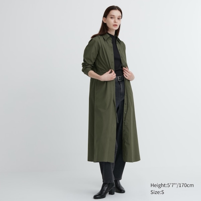 Uniqlo Cotton Long-Sleeve Long Shirt Ženske Haljina Tamno Zelene | 5064-TJBHV