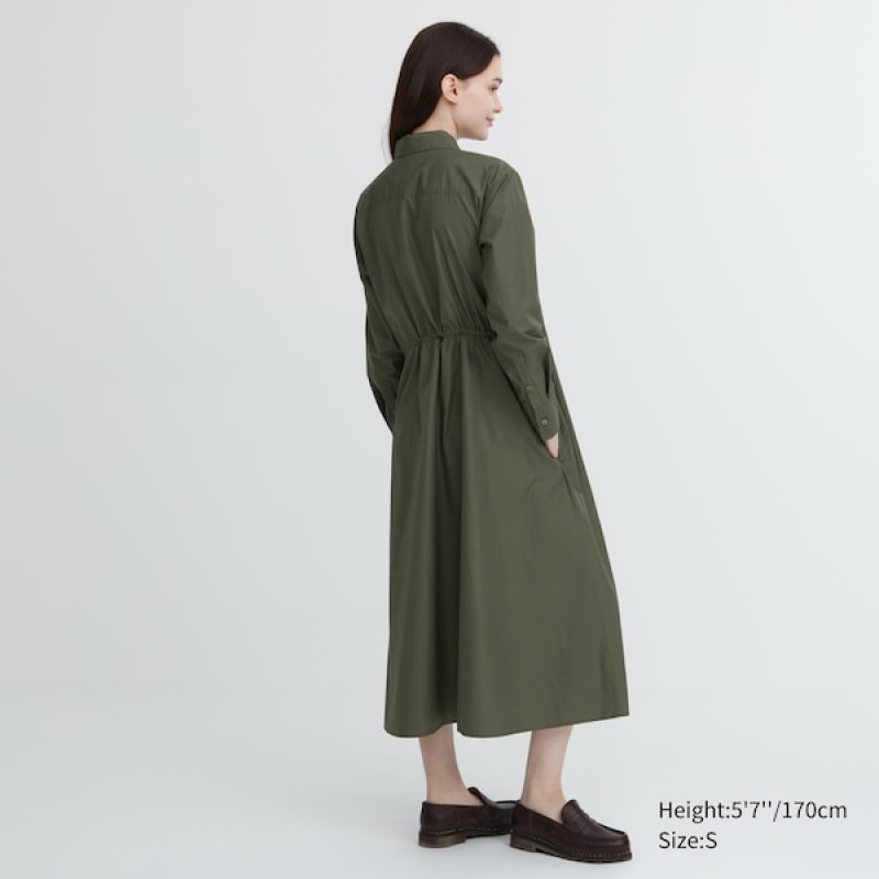 Uniqlo Cotton Long-Sleeve Long Shirt Ženske Haljina Tamno Zelene | 5064-TJBHV
