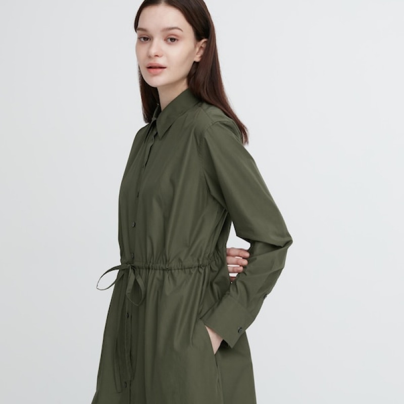 Uniqlo Cotton Long-Sleeve Long Shirt Ženske Haljina Tamno Zelene | 5064-TJBHV