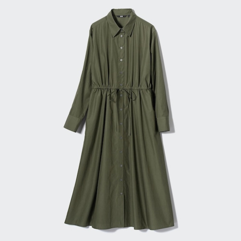 Uniqlo Cotton Long-Sleeve Long Shirt Ženske Haljina Tamno Zelene | 5064-TJBHV