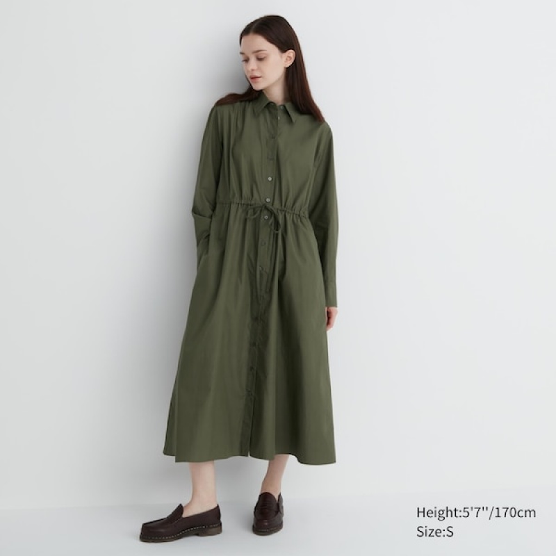 Uniqlo Cotton Long-Sleeve Long Shirt Ženske Haljina Tamno Zelene | 5064-TJBHV