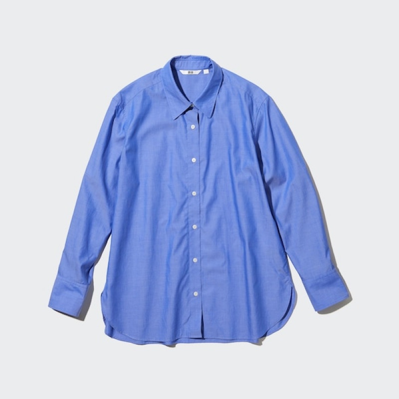 Uniqlo Cotton Long-Sleeve Ženske Košulje Plave | 2179-TZNBI