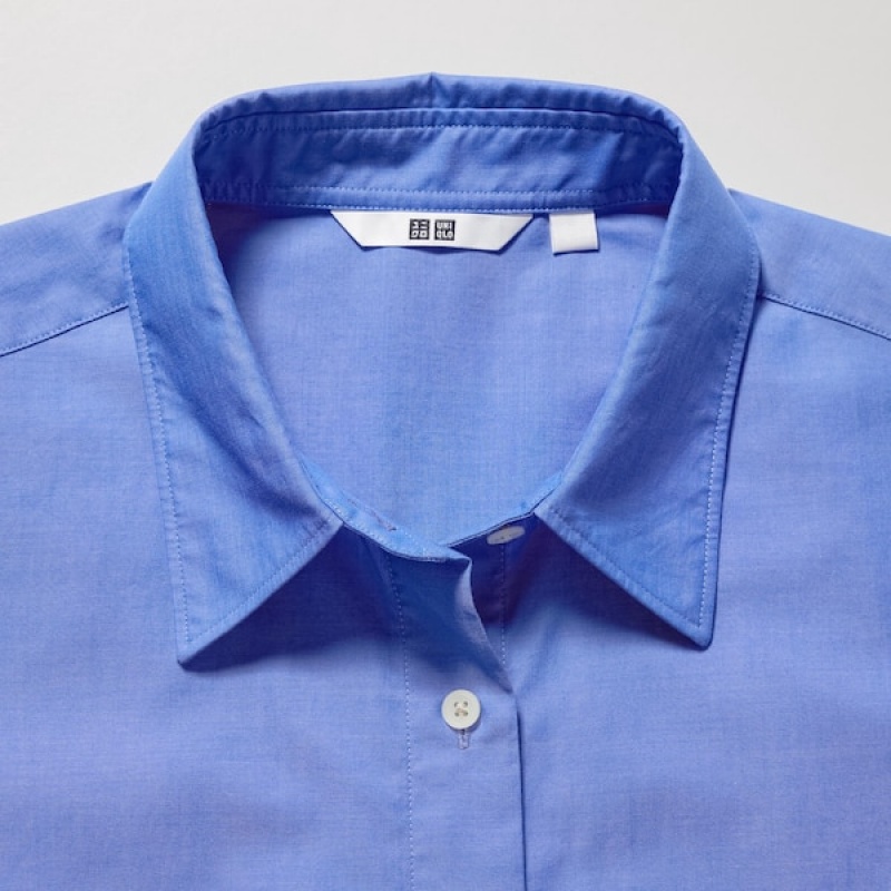 Uniqlo Cotton Long-Sleeve Ženske Košulje Plave | 2179-TZNBI