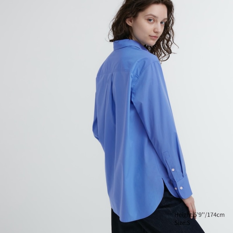 Uniqlo Cotton Long-Sleeve Ženske Košulje Plave | 2071-LKUPZ