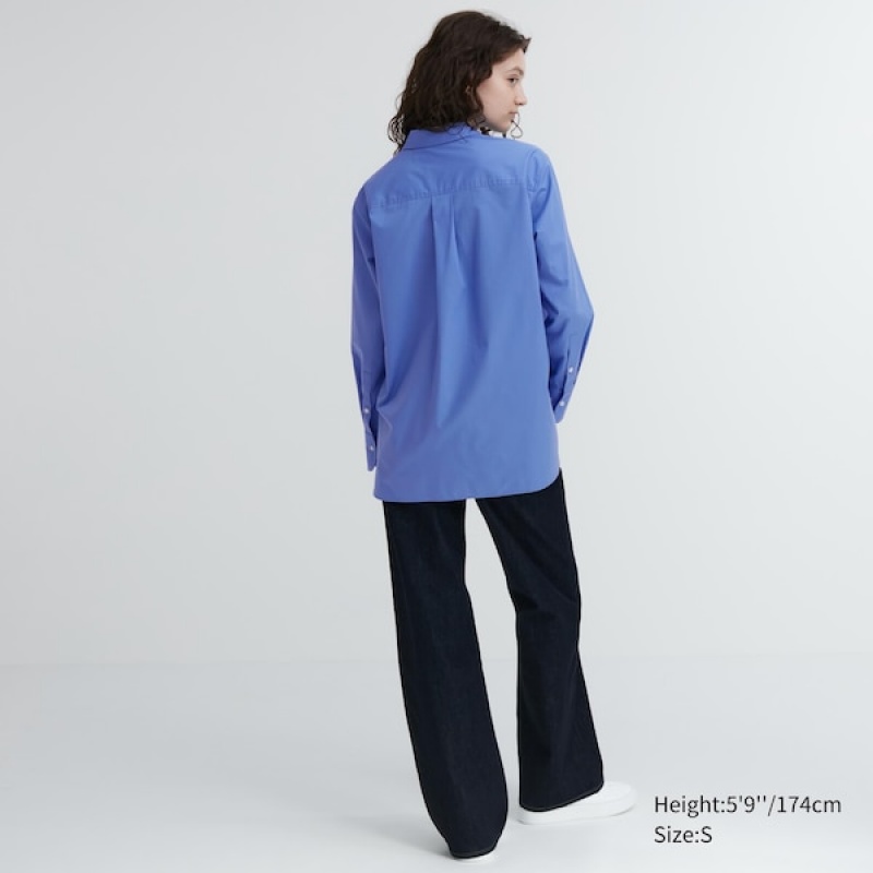 Uniqlo Cotton Long-Sleeve Ženske Košulje Plave | 2071-LKUPZ