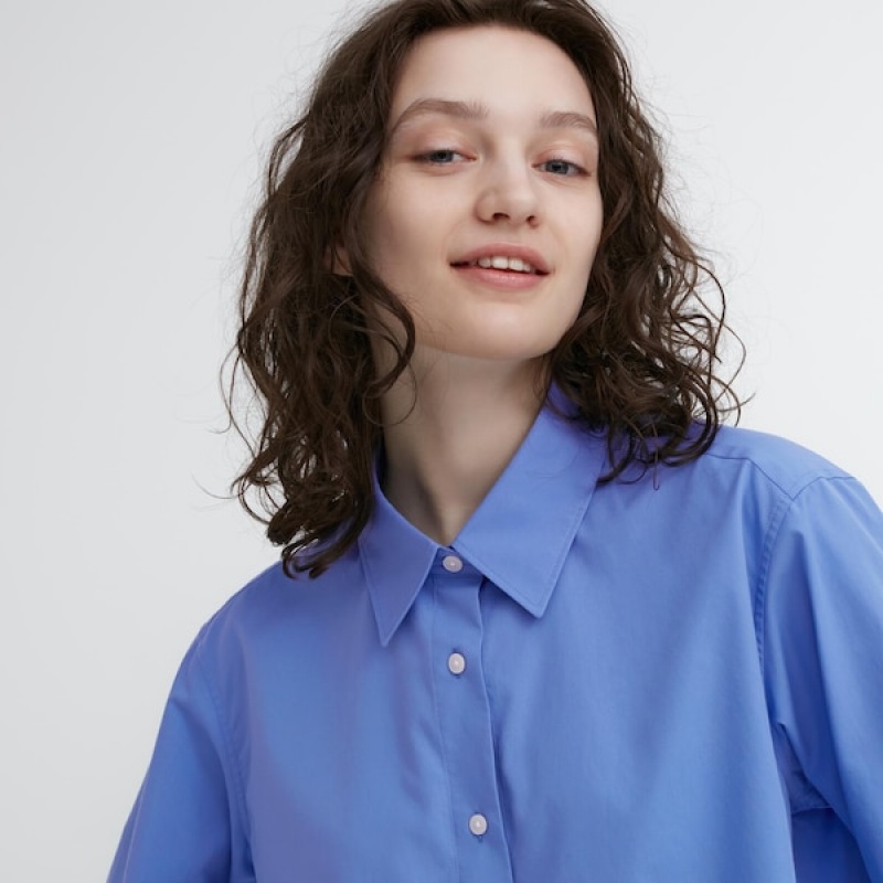 Uniqlo Cotton Long-Sleeve Ženske Košulje Plave | 2071-LKUPZ