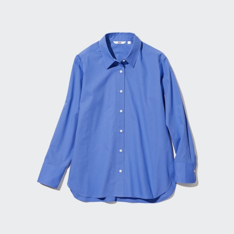 Uniqlo Cotton Long-Sleeve Ženske Košulje Plave | 2071-LKUPZ