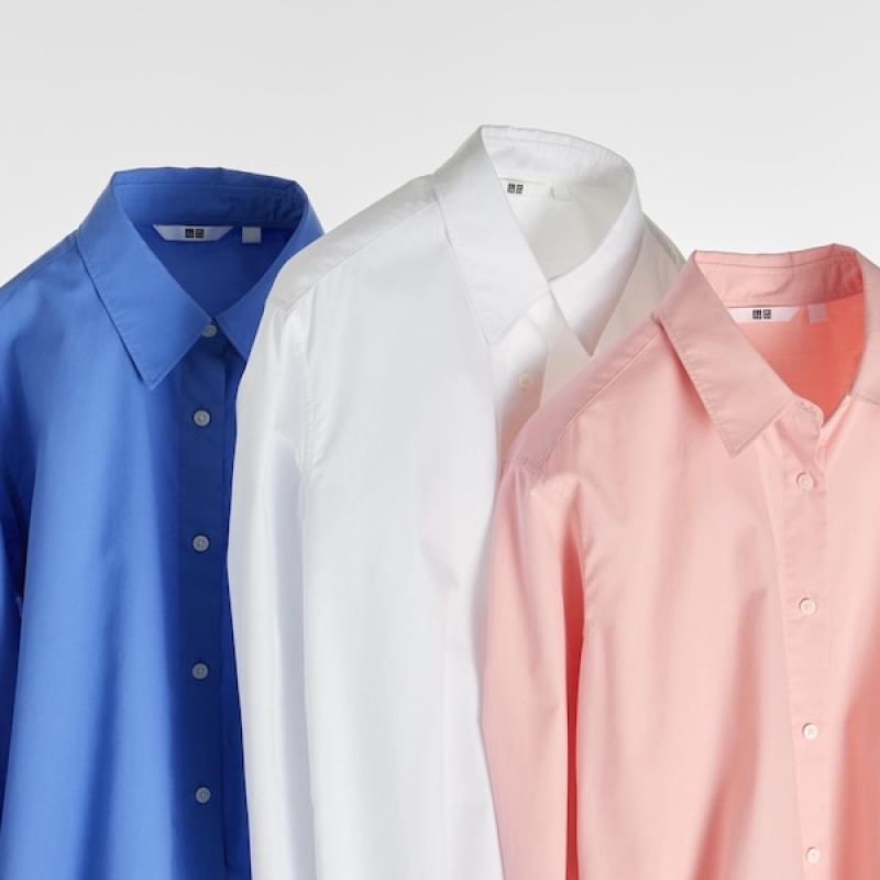 Uniqlo Cotton Long-Sleeve Ženske Košulje Roze | 7295-PZBMO