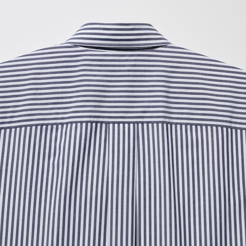 Uniqlo Cotton Prugasta Long-Sleeve Ženske Košulje Plave | 6297-SARYH