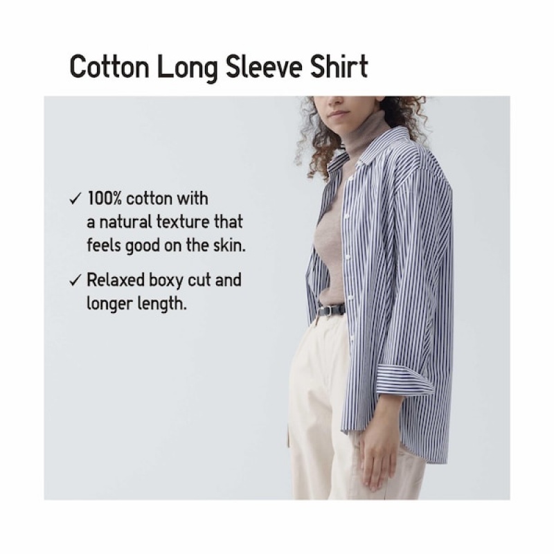 Uniqlo Cotton Prugasta Long-Sleeve Ženske Košulje Plave | 6297-SARYH
