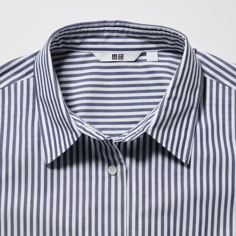 Uniqlo Cotton Prugasta Long-Sleeve Ženske Košulje Plave | 6297-SARYH