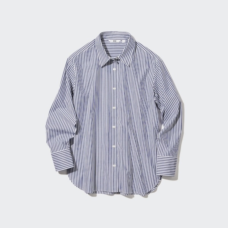 Uniqlo Cotton Prugasta Long-Sleeve Ženske Košulje Plave | 6297-SARYH