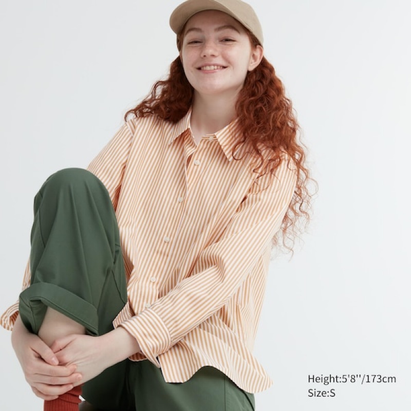 Uniqlo Cotton Prugasta Long-Sleeve Ženske Košulje Žute | 1287-LIRDE